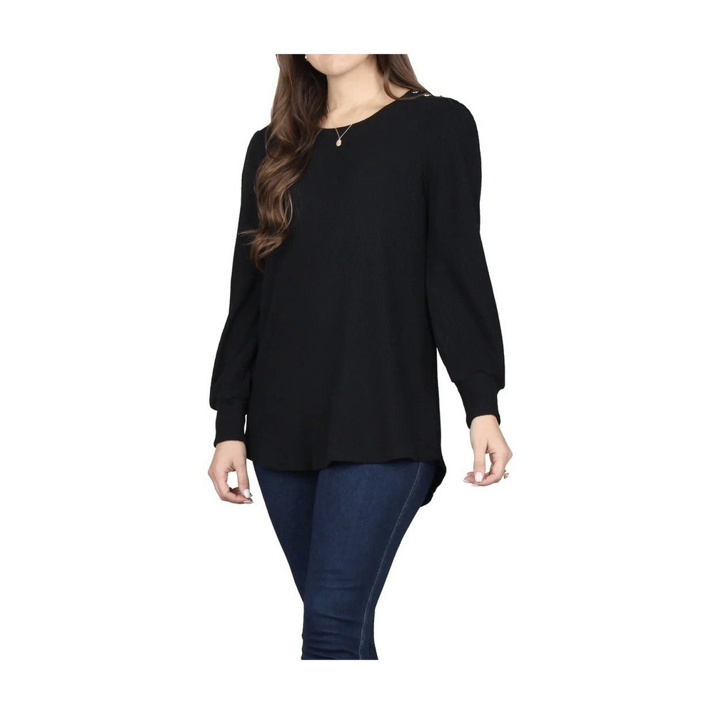Lildy Ribbed Button Trim Tunic Round Neck Puff Sleeve High Low Hem Pullover L/XL